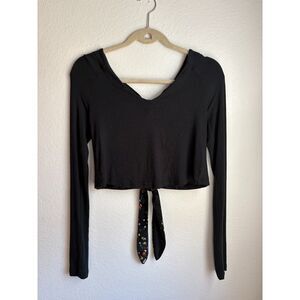 Free People Size S Black Looking Forward Long Sleeve Ribbed Open Back Crop Top